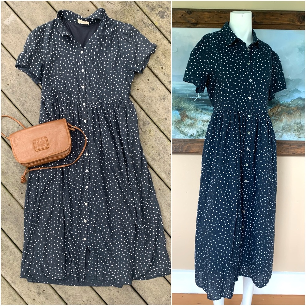 Navy Blue Polka Dot Midi Dress